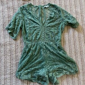 She + Sky Forest Green Embroidered V-Neck Crop Romper